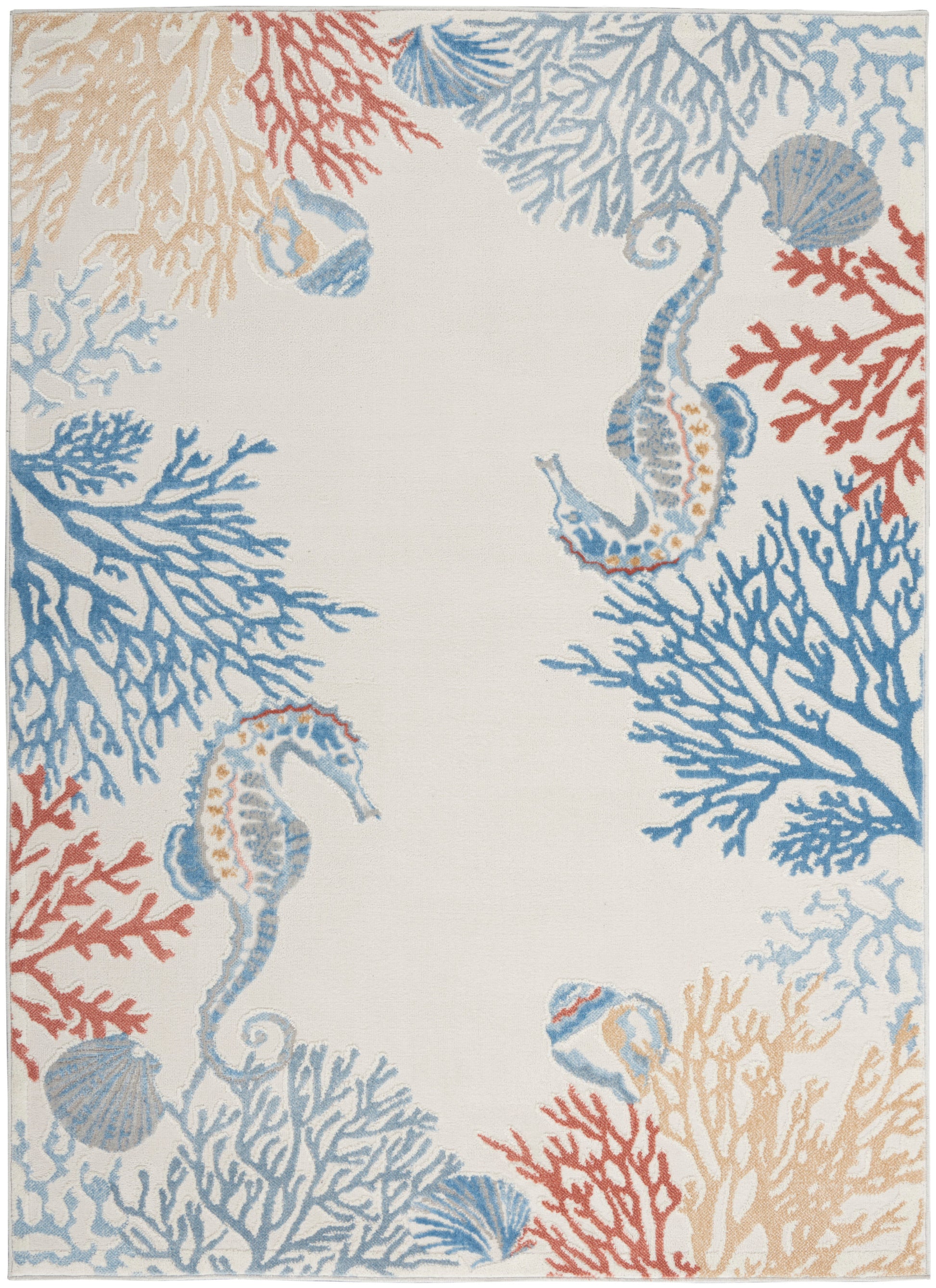 Coastal-style area rug featuring seahorses and coral in blue, red and tan on ivory background.