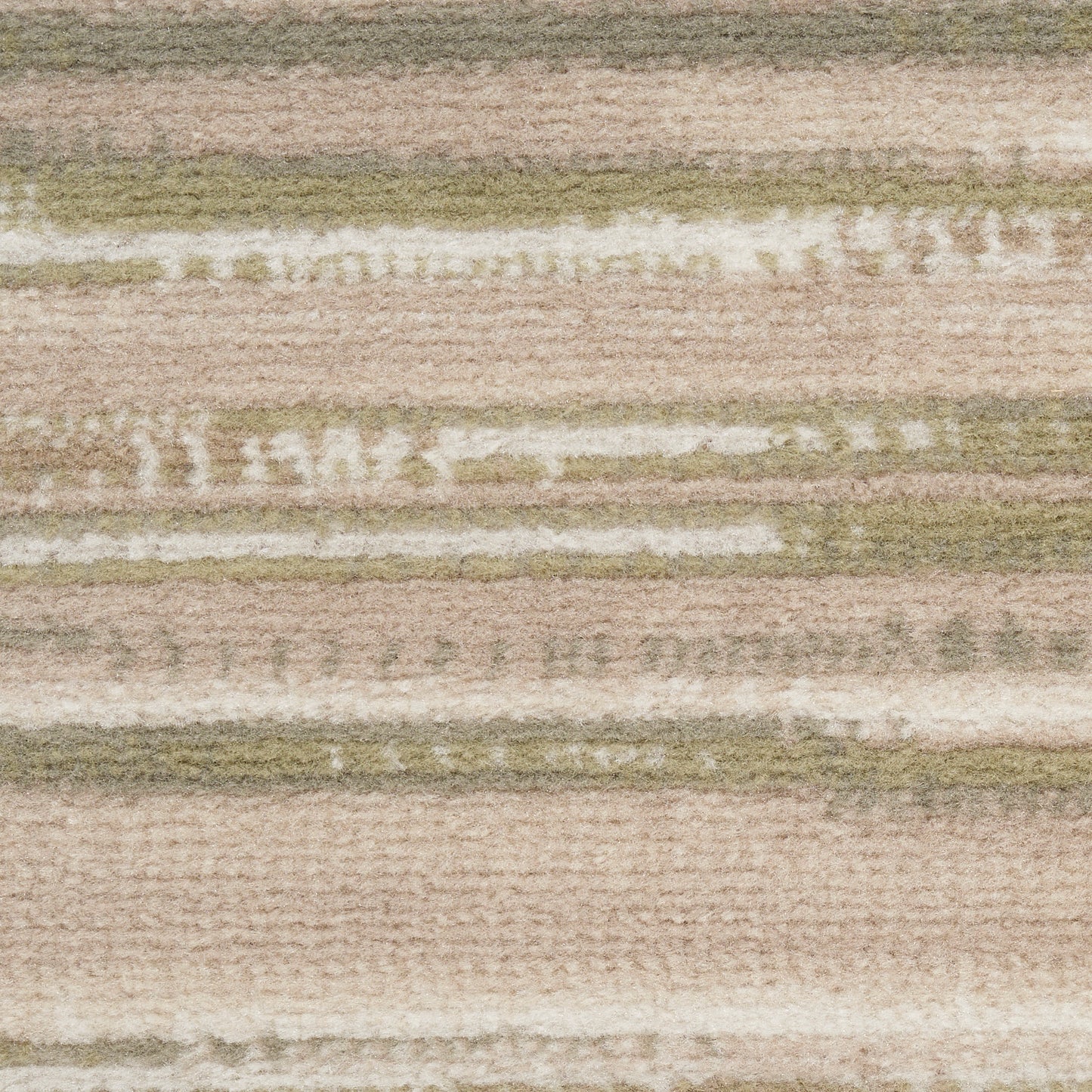 Neutral beige rug with subtle horizontal stripes in pale green and ivory, soft textured pile.