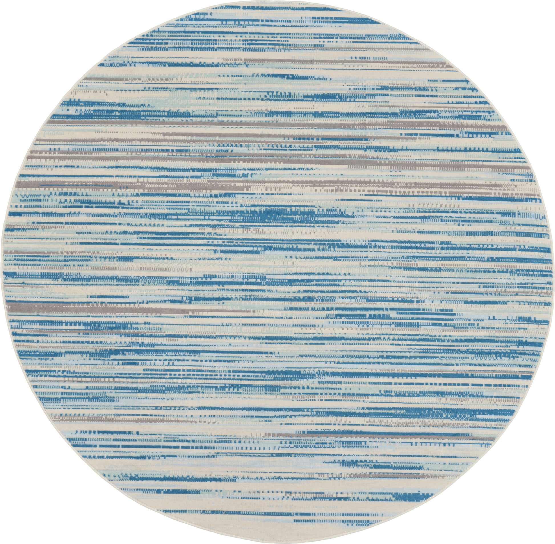 8' round rug with blue and beige striped abstract pattern; soft woven textile, coastal modern style.