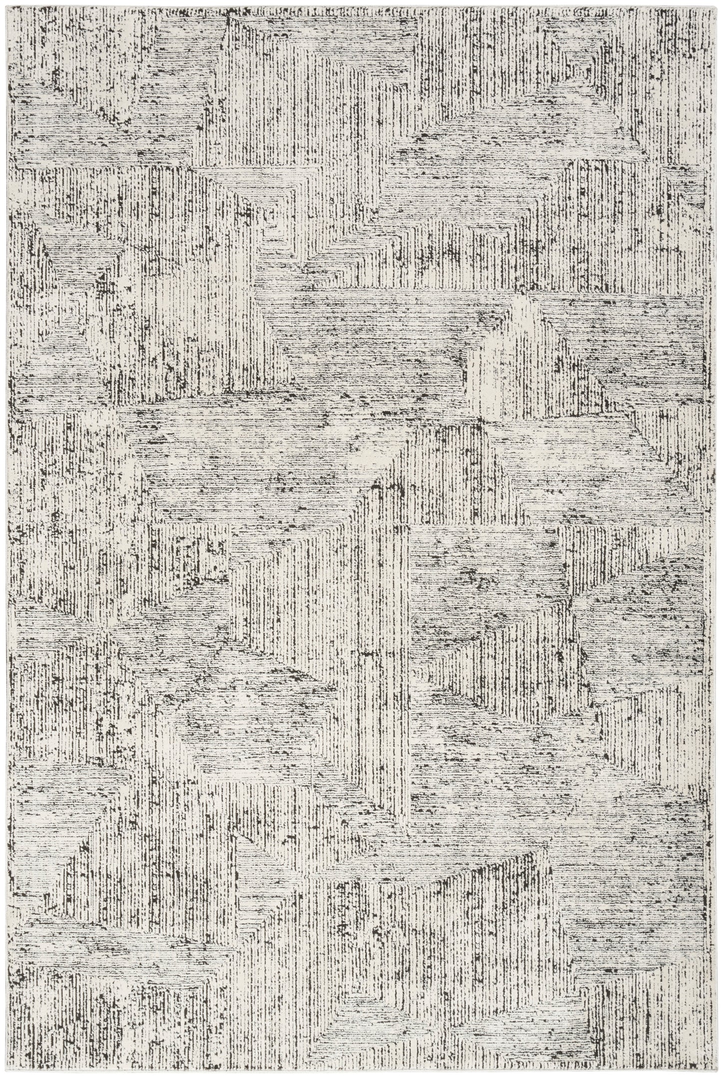 Light gray rug with charcoal linear geometric panels; textured, modern floor covering.