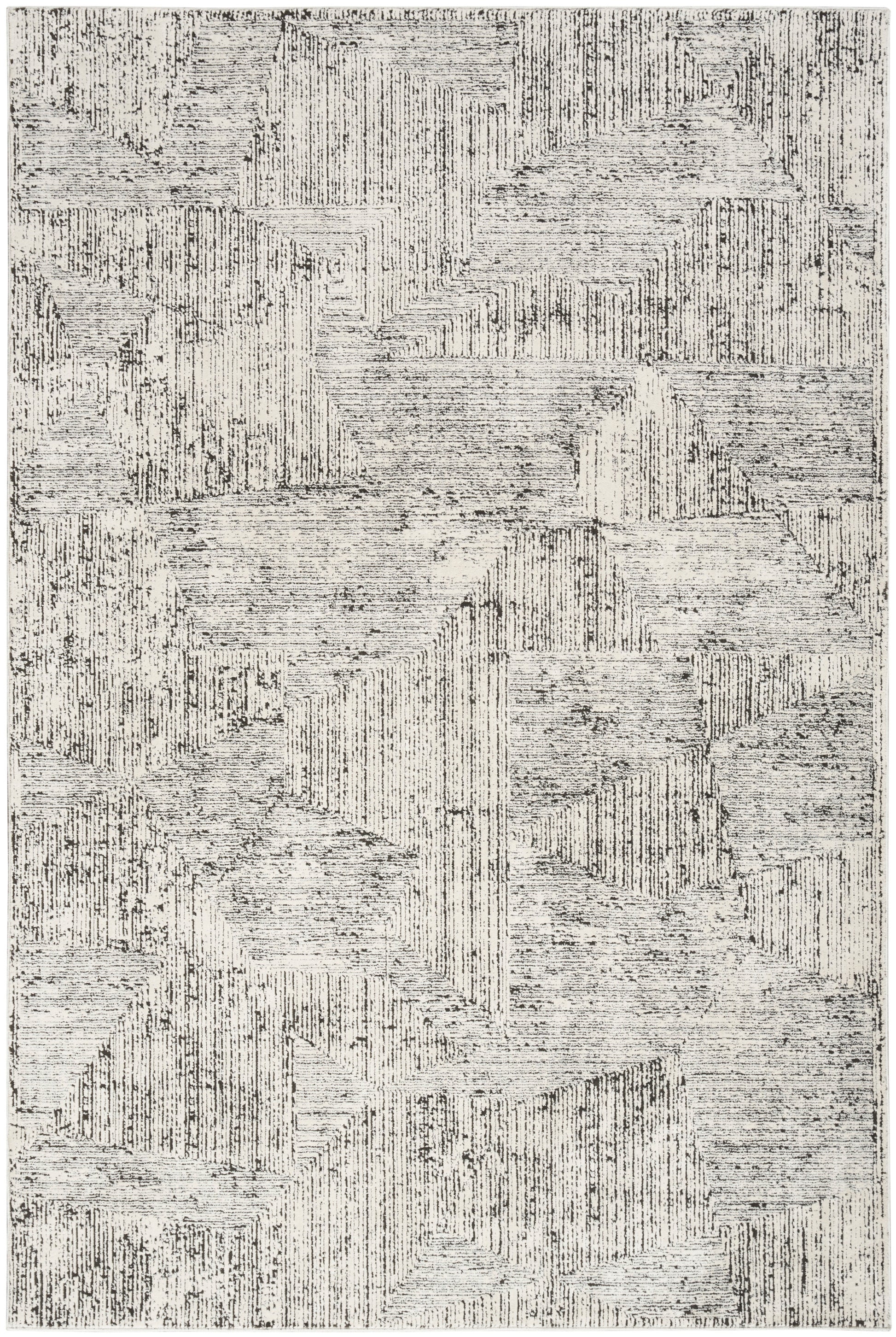 Light gray rug with charcoal linear geometric panels; textured, modern floor covering.