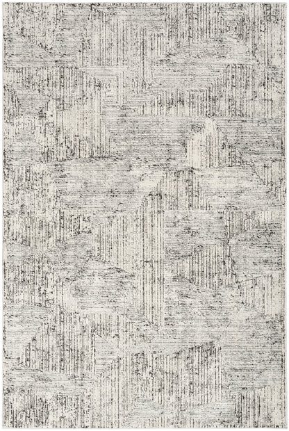 Light gray rug with charcoal linear geometric panels; textured, modern floor covering.