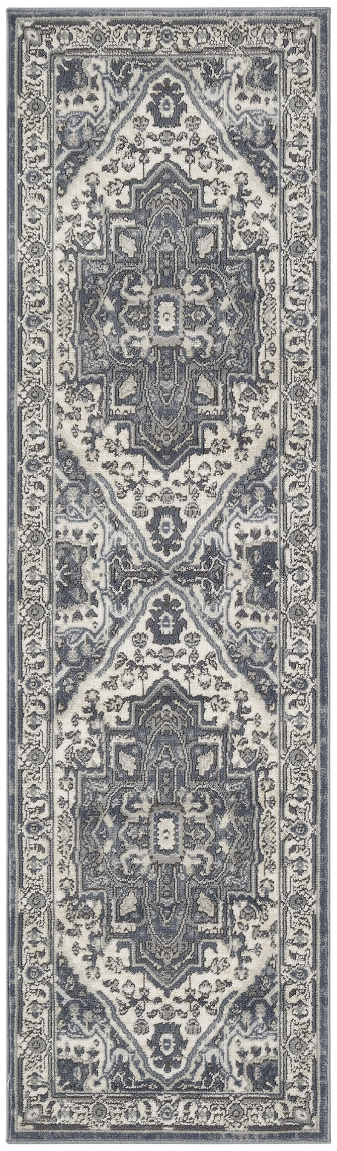 Traditional Persian-style runner rug with repeated central medallions in gray, blue & ivory; ornate floral border.