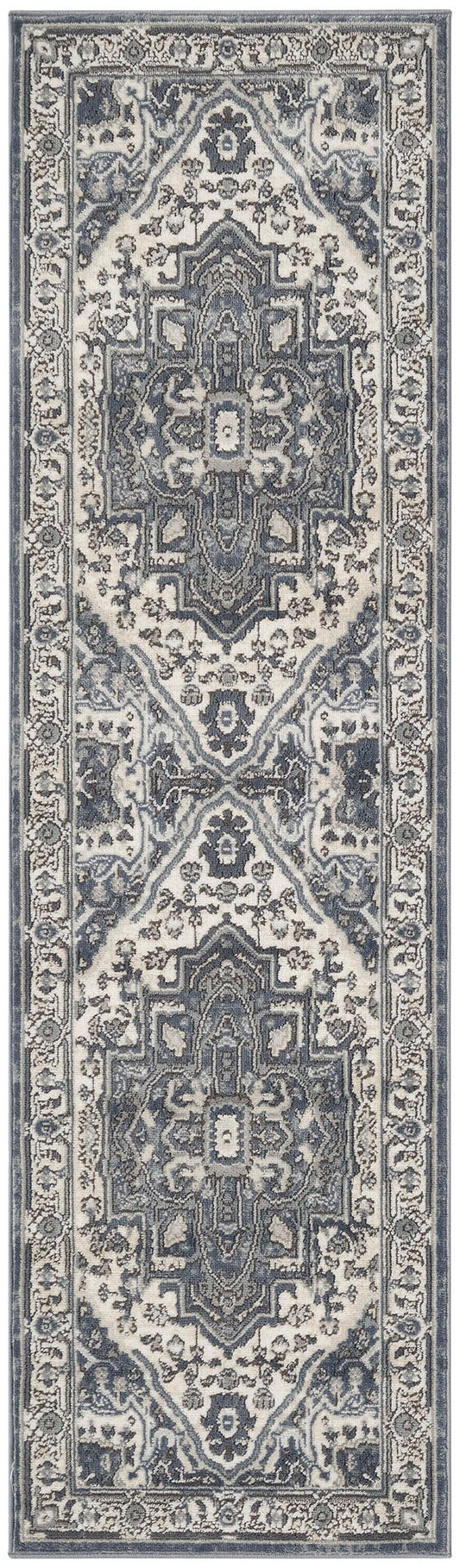 Traditional Persian-style runner rug with repeated central medallions in gray, blue & ivory; ornate floral border.