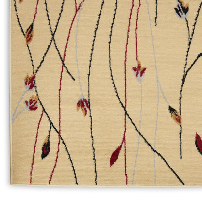 Beige runner rug with abstract thin black and red curved lines, pale gray accents, and small burgundy leaves.