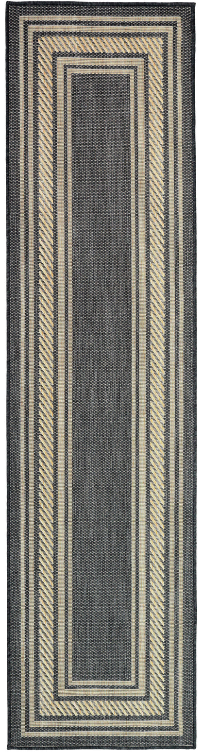 Long navy and cream flatwoven runner rug with layered rectangular borders and diagonal-striped outer frame.