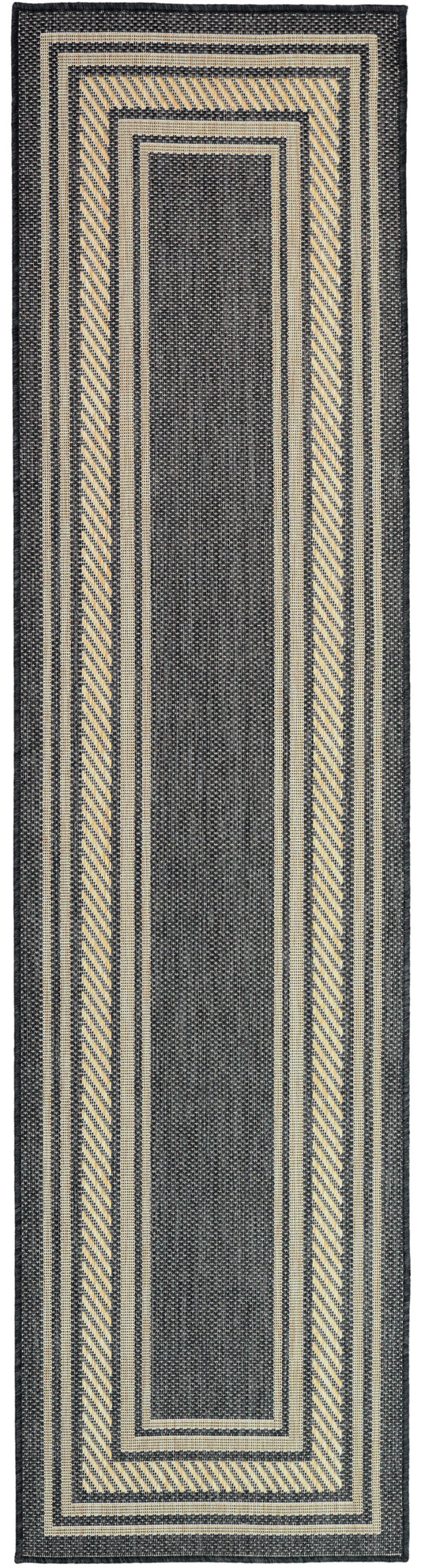 Long navy and cream flatwoven runner rug with layered rectangular borders and diagonal-striped outer frame.