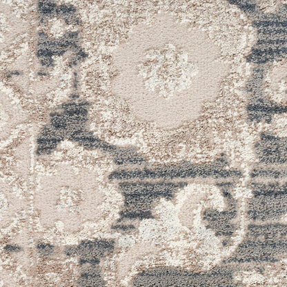 Beige and blue oriental rug with floral medallions; plush tufted texture for living room decor.