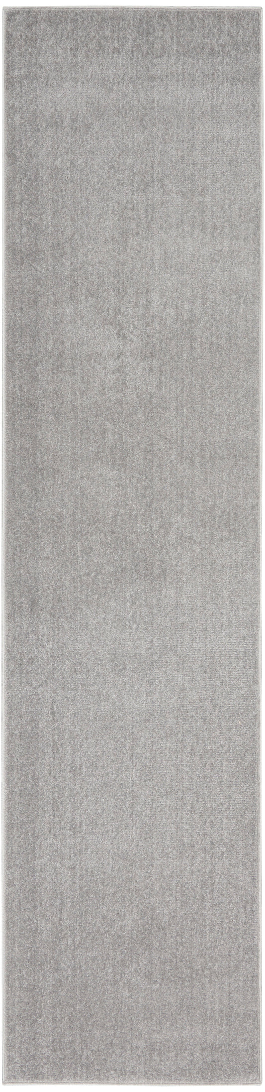 Grey outdoor rug runner, rectangular with soft plush pile; 12' long, suitable for outdoor pathways or patios.