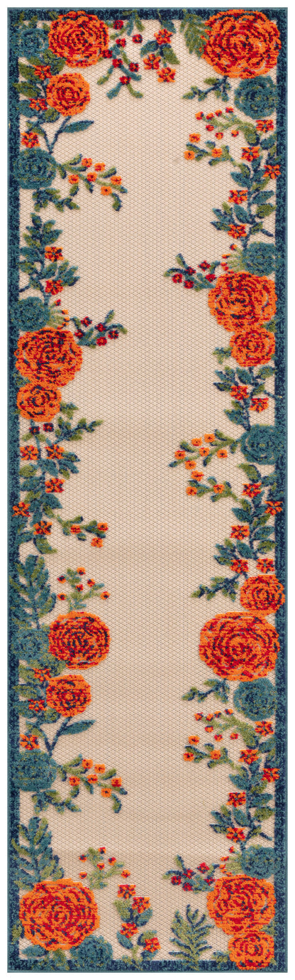 Beige woven runner rug with dark teal border and vivid orange roses with blue-green leaves along the edges.