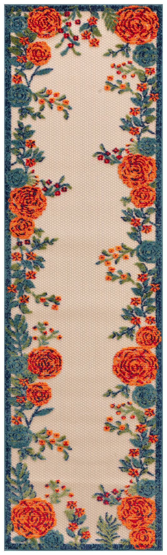 Beige woven runner rug with dark teal border and vivid orange roses with blue-green leaves along the edges.
