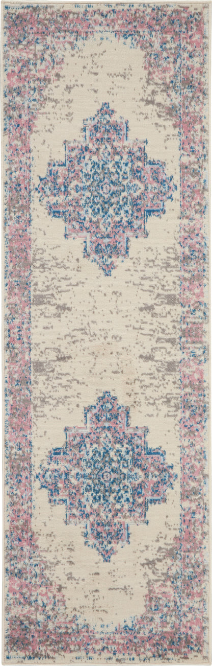 Long beige Persian-style runner rug with blue and pink floral medallions and a pink-blue border.