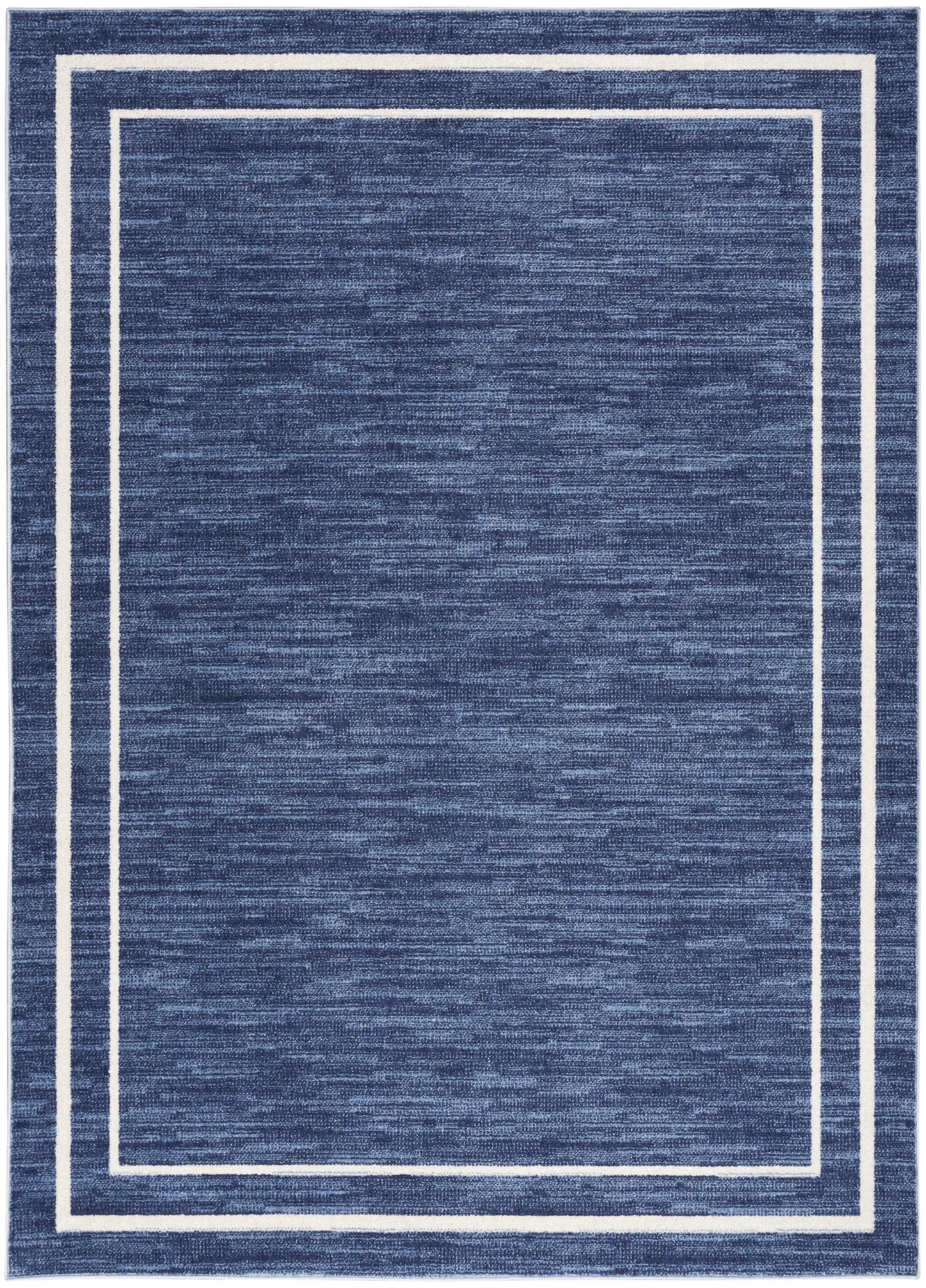 Blue textured rug with two white nested rectangular borders framing the interior.