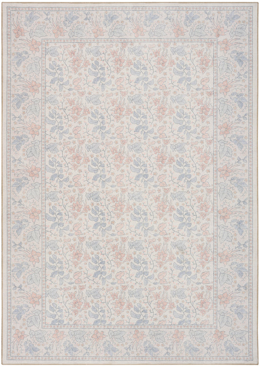Rectangular pastel floral area rug with pink and blue blossoms on cream field and pale decorative border.
