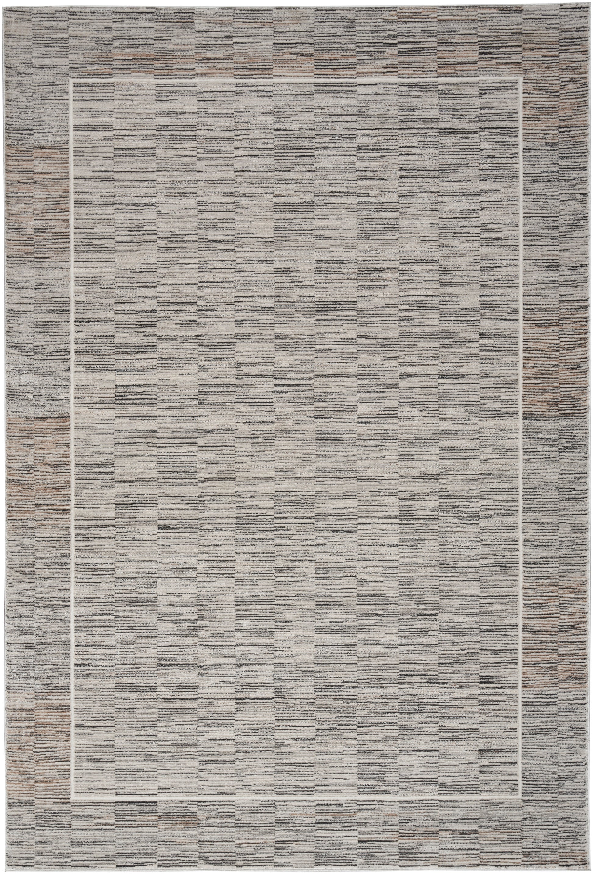 Rectangular area rug with gray and taupe stacked-strip texture and a light inner border; modern, versatile decor.