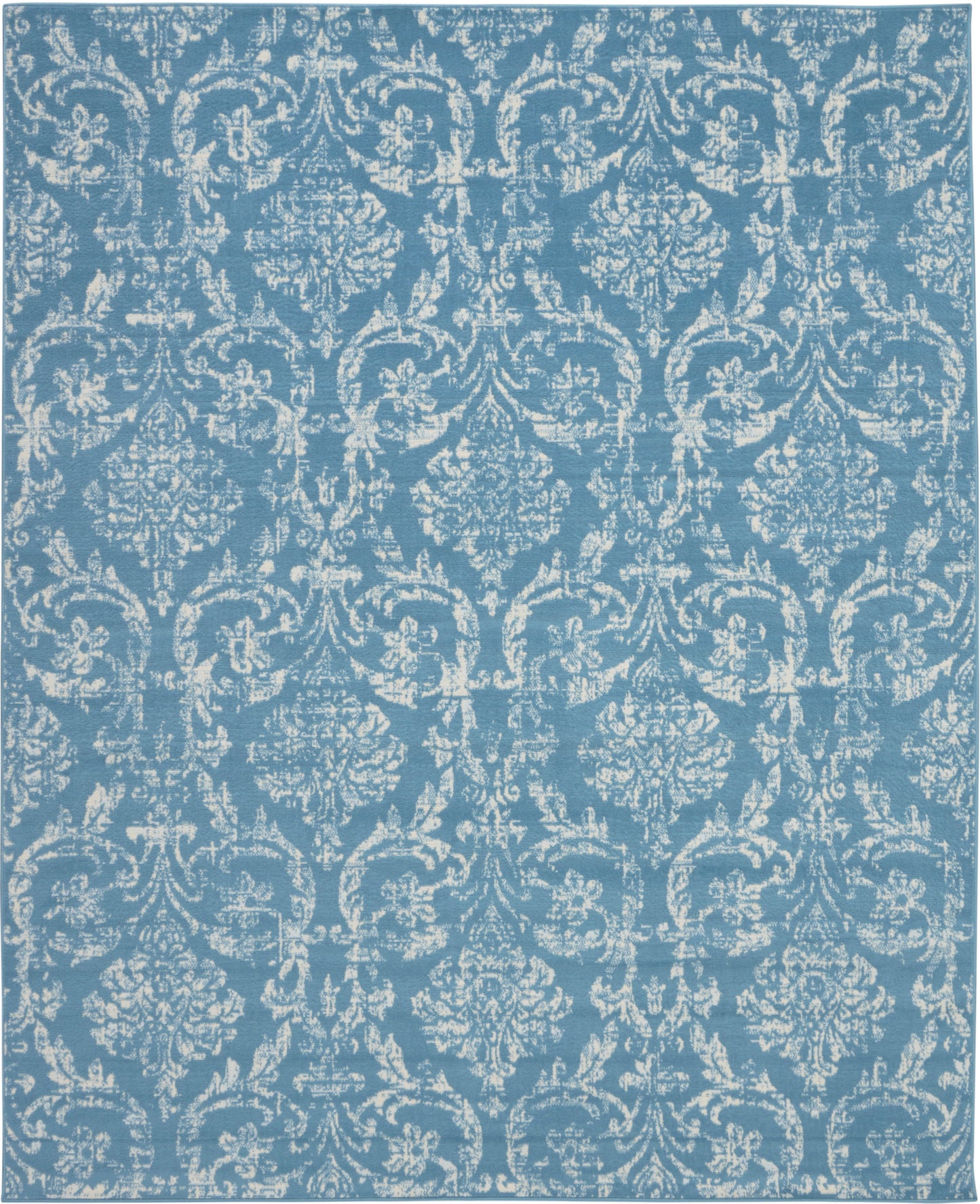 Teal blue rectangular area rug (8' x 10') with a white damask pattern and ornate vintage-inspired floral-scroll motifs for classic décor.