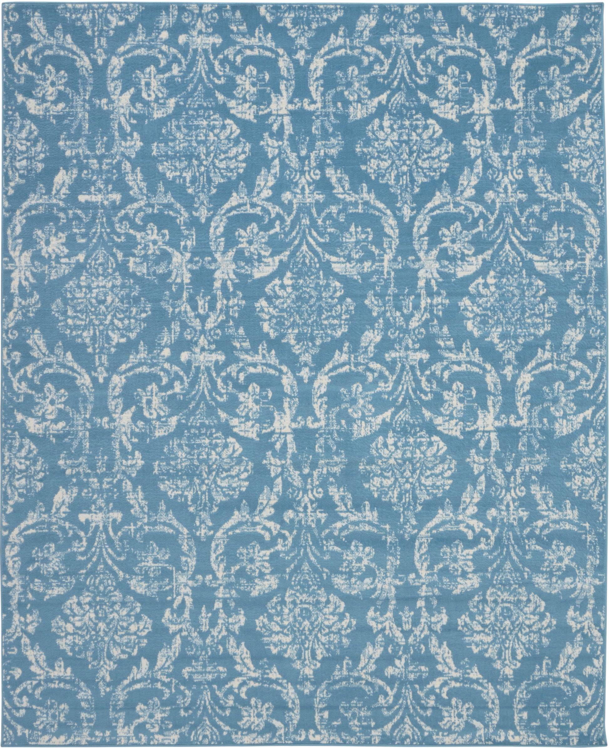 Teal blue rectangular area rug (8' x 10') with a white damask pattern and ornate vintage-inspired floral-scroll motifs for classic décor.