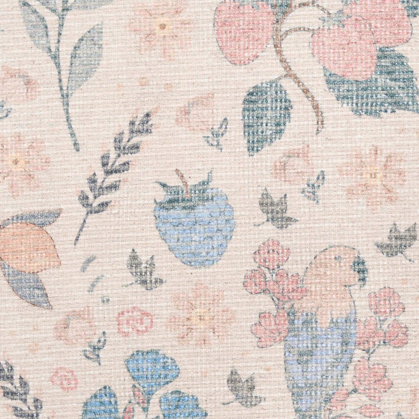 Pastel floral woven rug in cream with blue and pink flowers and leaves; vintage botanical print.