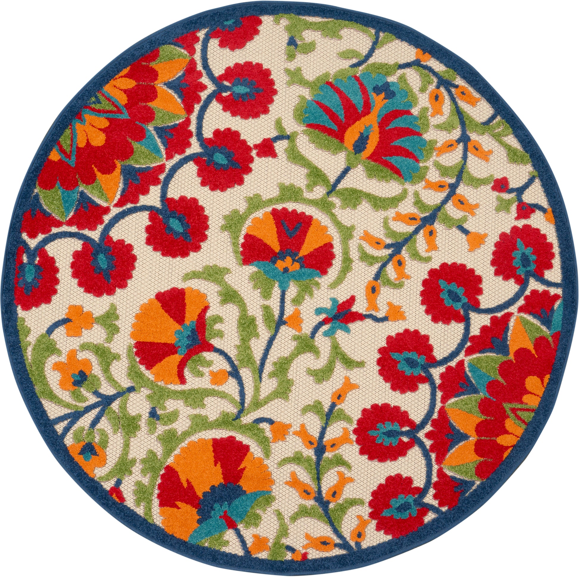 Round rug with bold multicolor floral pattern on cream background and blue border; red, orange, teal and green blooms.