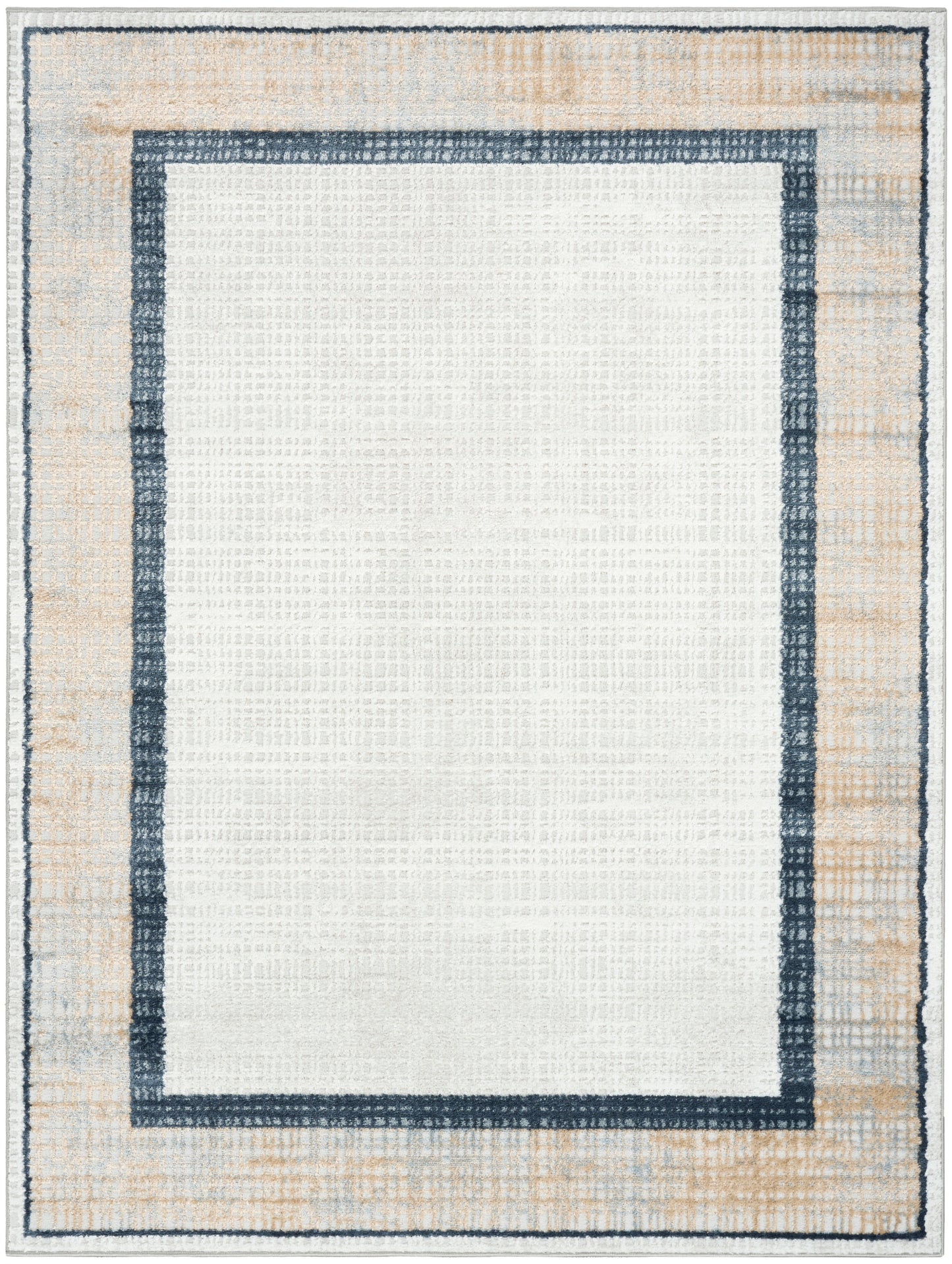 Rectangular woven rug with cream center, navy inner border and beige outer border; modern geometric border design.