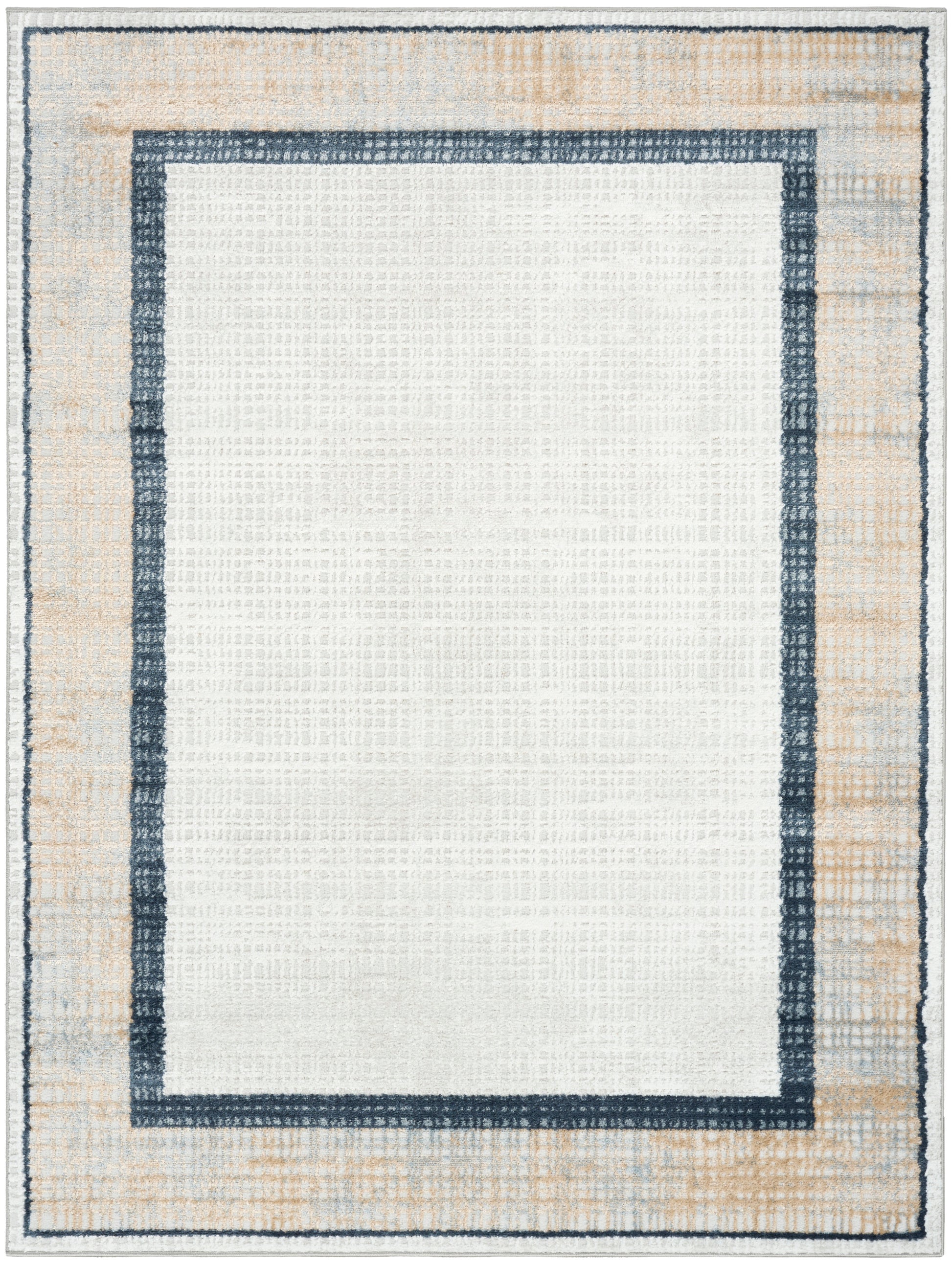 Rectangular woven rug with cream center, navy inner border and beige outer border; modern geometric border design.