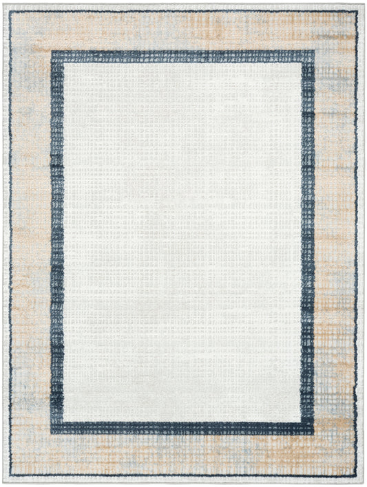 Rectangular woven rug with cream center, navy inner border and beige outer border; modern geometric border design.