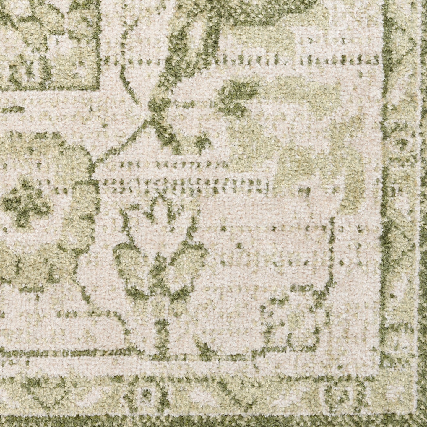 Cream textured rug with olive-green floral pattern and ornate border, ideal for living rooms.