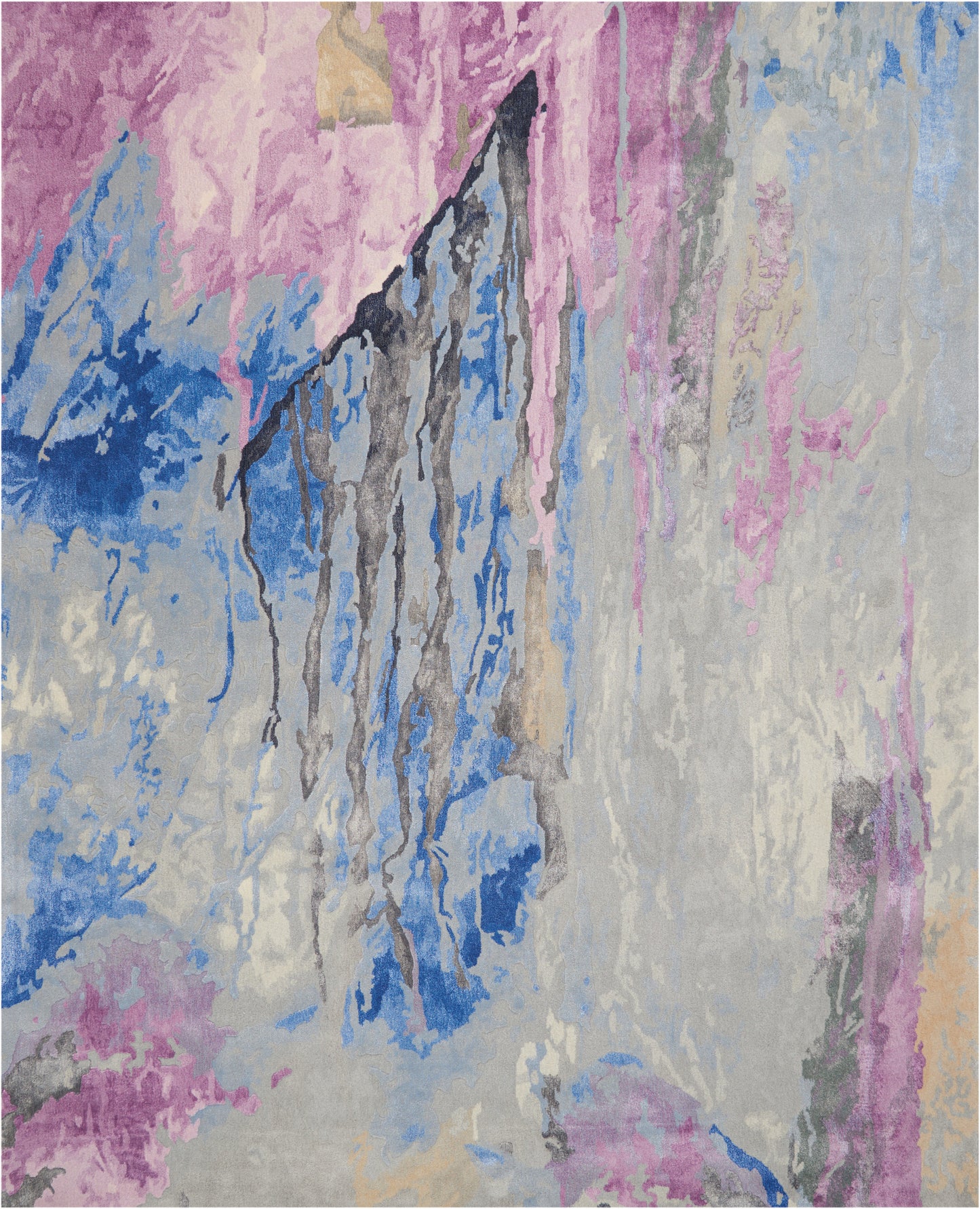 Abstract pastel rug in blues, pinks, grays and beiges with watercolor drip pattern; modern rectangular rug.