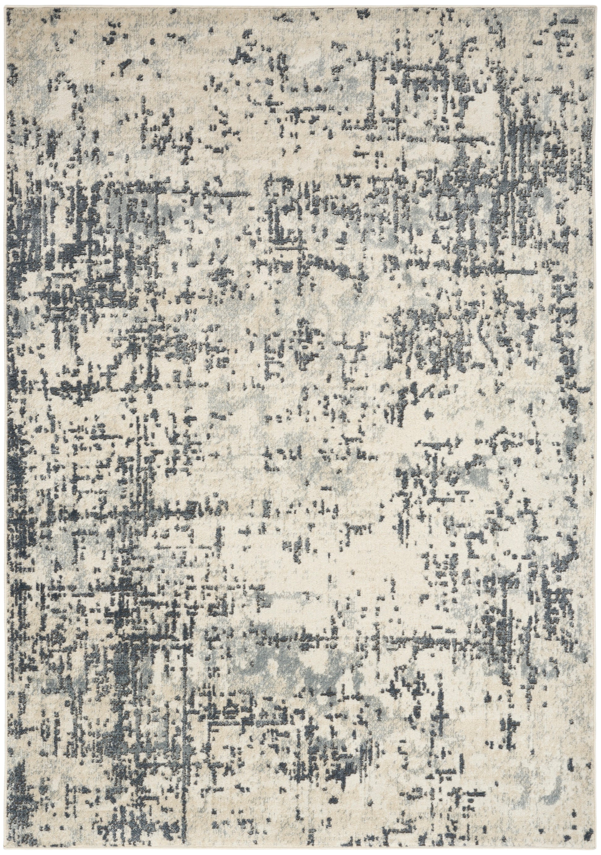 Abstract distressed area rug in cream and blue-gray, vintage-inspired pattern for modern living spaces.