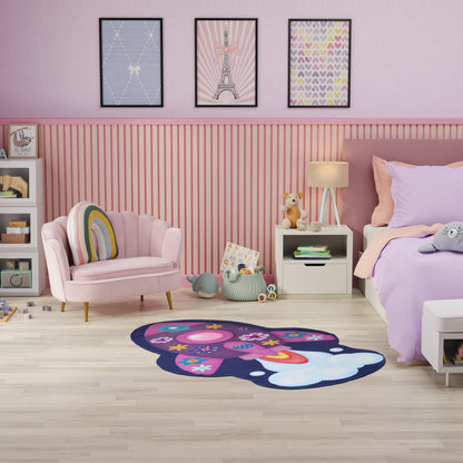 Pastel pink kids' bedroom with striped wainscoting, pink armchair, rainbow cushion, flower rug, lavender bedding, bear plush, Eiffel Tower art.