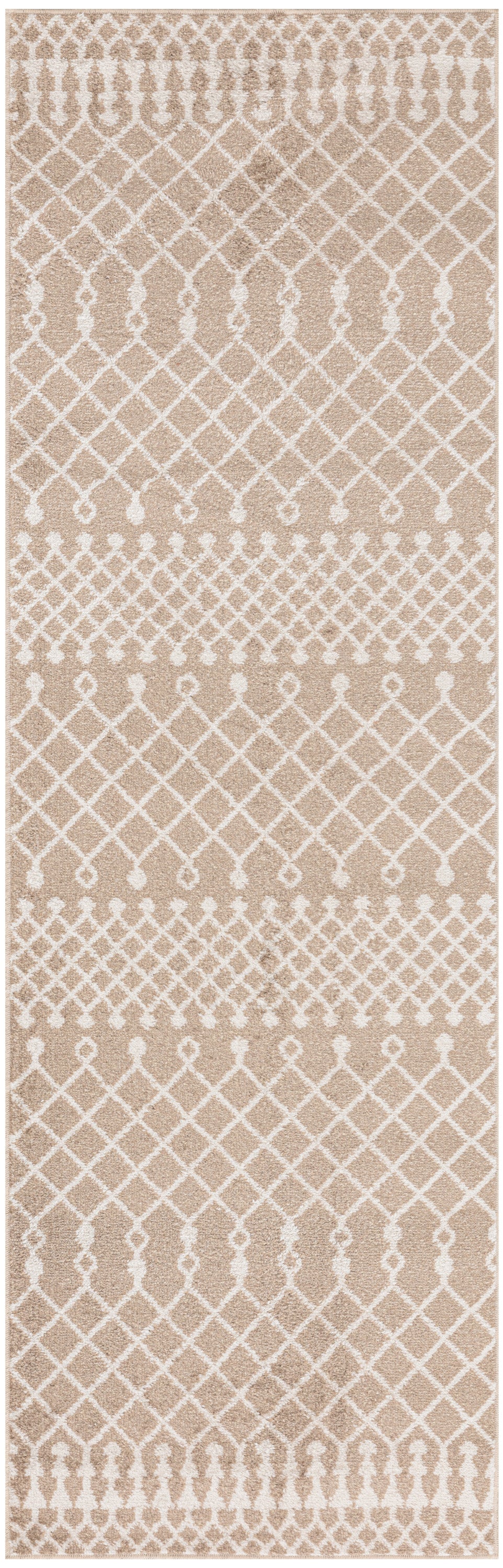 Beige woven runner rug with white lattice and diamond motifs, repeating geometric pattern for neutral hallway decor.