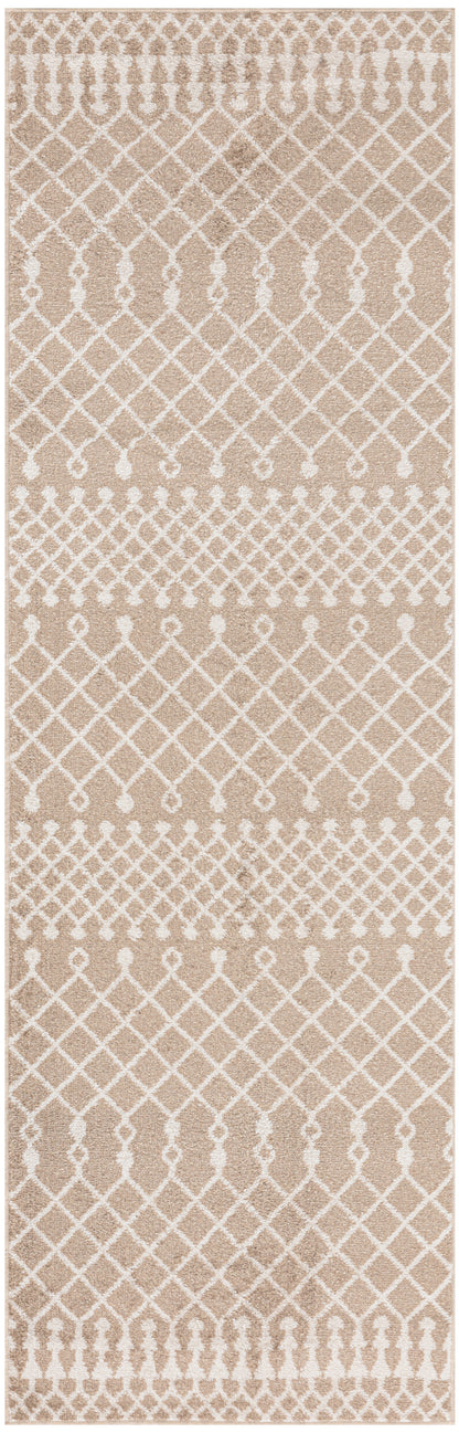 Beige woven runner rug with white lattice and diamond motifs, repeating geometric pattern for neutral hallway decor.