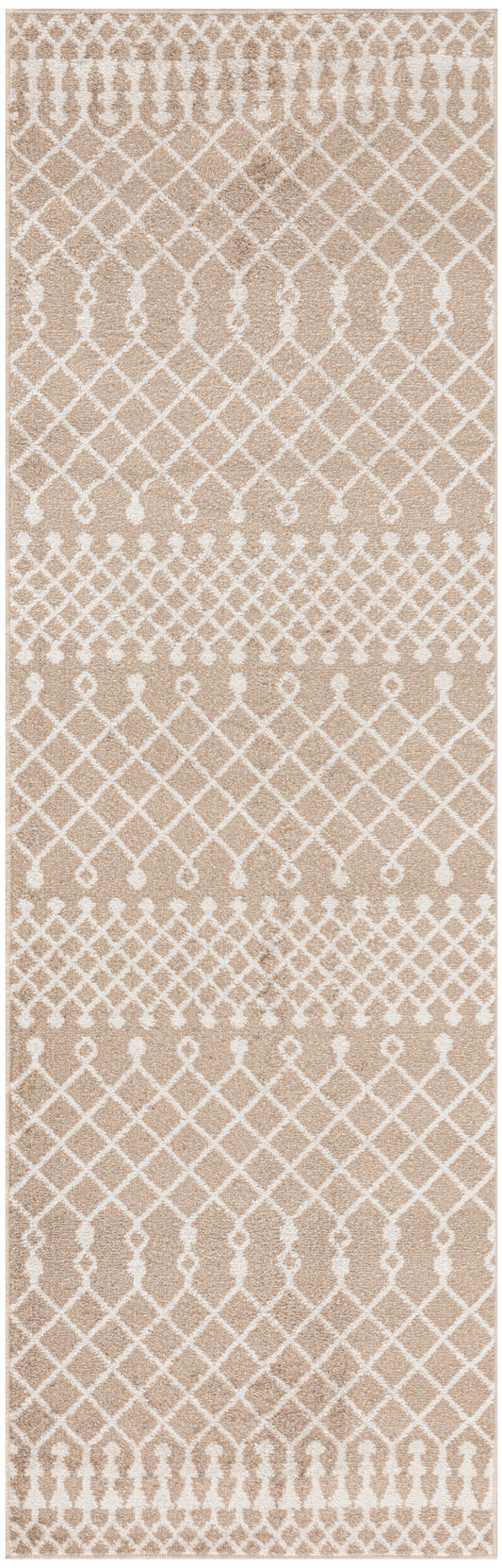 Beige woven runner rug with white lattice and diamond motifs, repeating geometric pattern for neutral hallway decor.