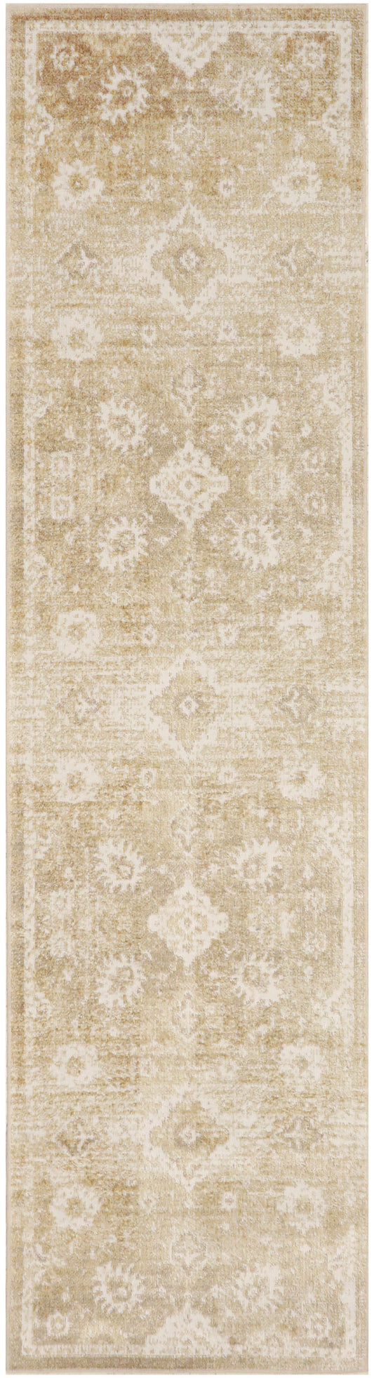 Beige traditional damask runner rug with ivory motifs and a distressed vintage look
