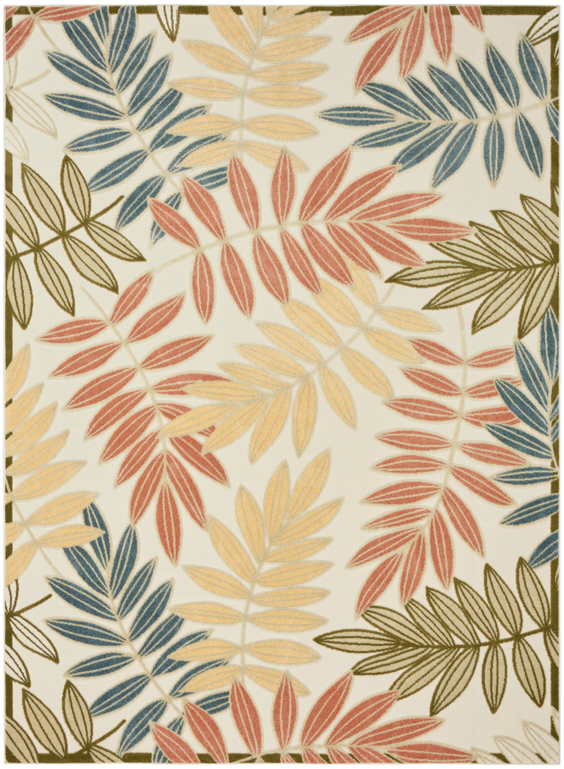 Rectangular area rug with tropical leaf pattern in red, blue, yellow and olive on cream background.