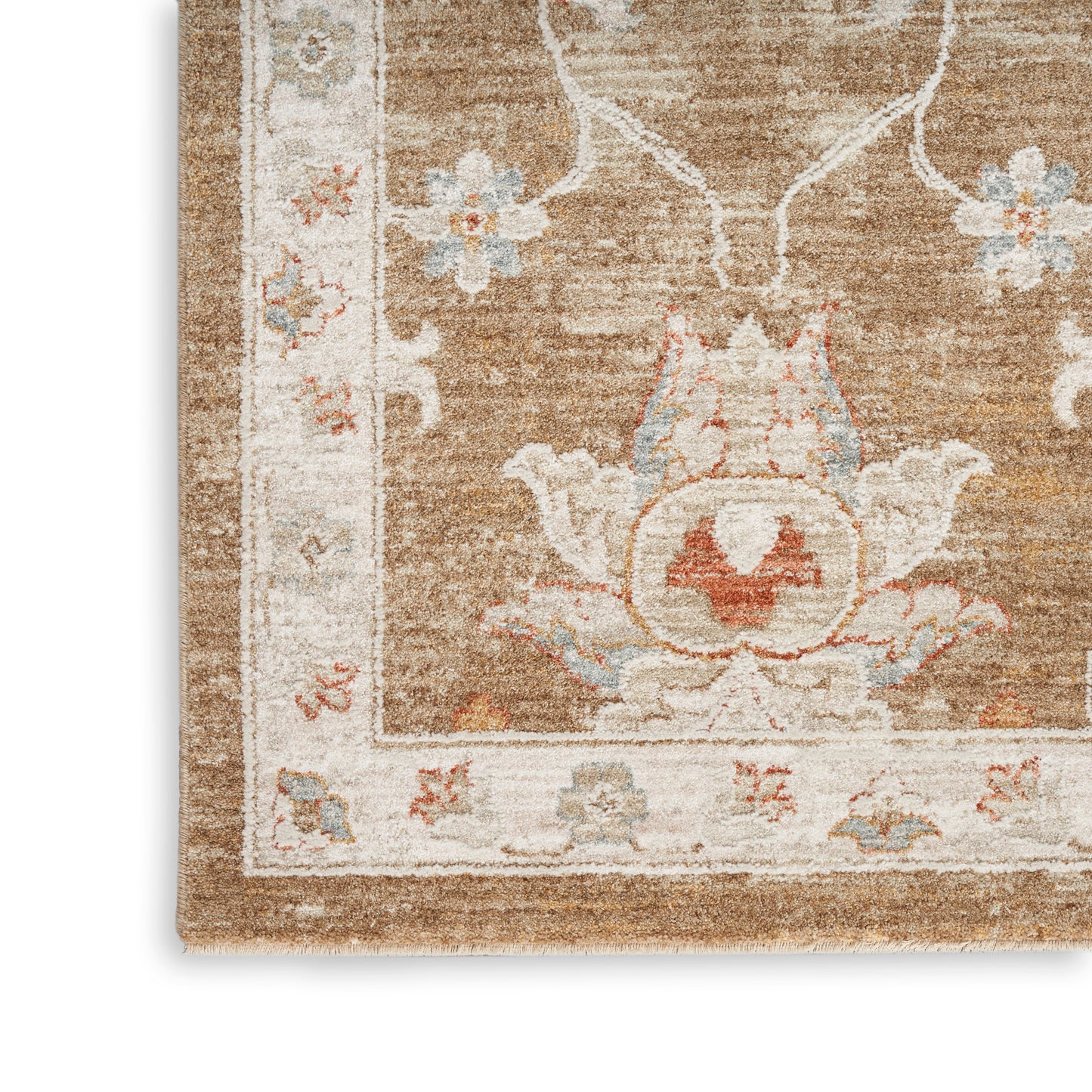 Corner of a brown-beige oriental rug with ivory border and floral medallion in peach, blue and ivory.