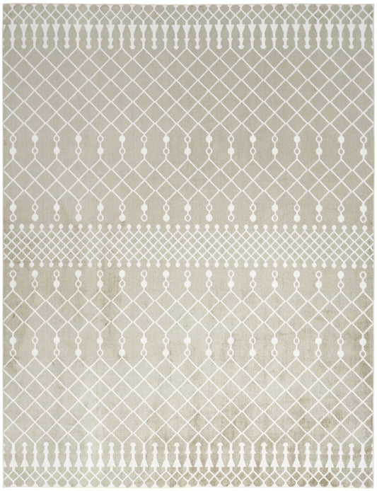 Beige Bohemian-style area rug (7' x 9') with white geometric lattice pattern and dotted borders.
