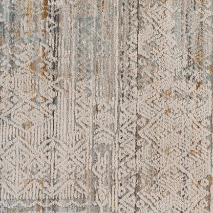 Distressed geometric area rug in muted blues, grays, and beiges with a textured pile.