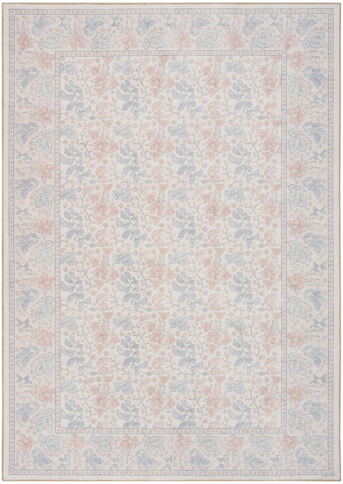 Rectangular area rug featuring pale pink and blue floral pattern with a delicate inner and outer border.