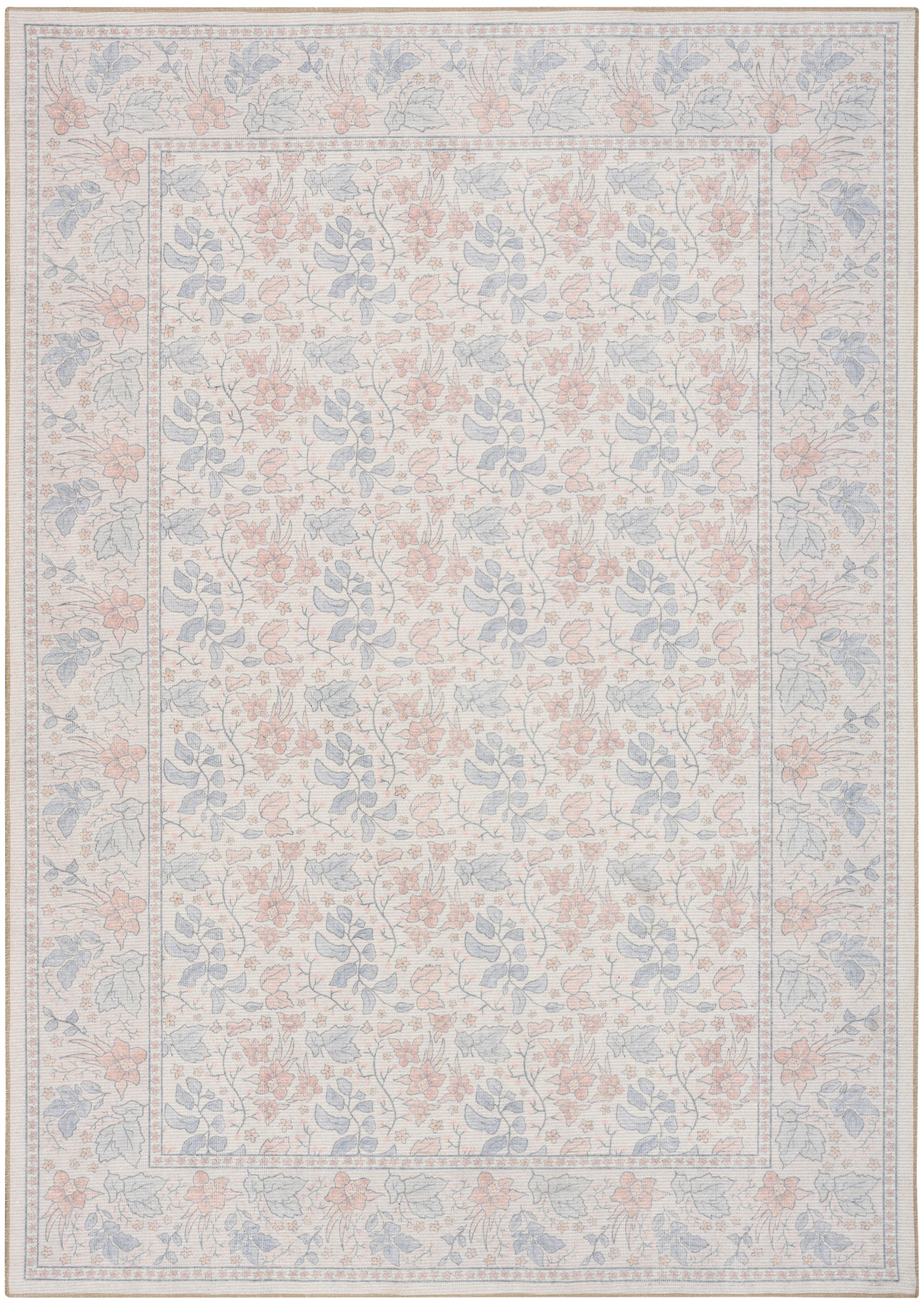 Rectangular area rug featuring pale pink and blue floral pattern with a delicate inner and outer border.