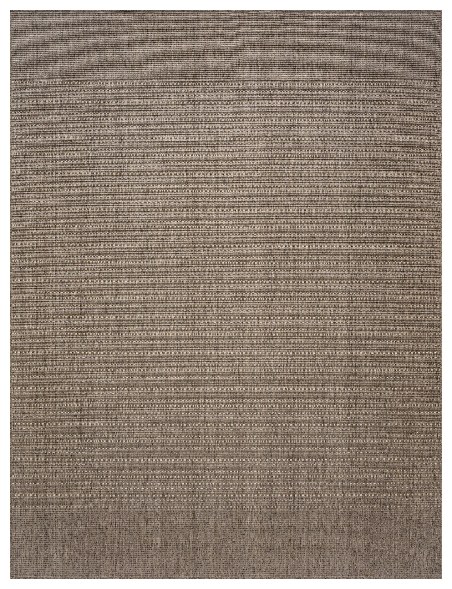 Rectangular brown-toned outdoor woven rug with subtle horizontal stripes and dotted accents; warm neutral decor, 9' x 12'.