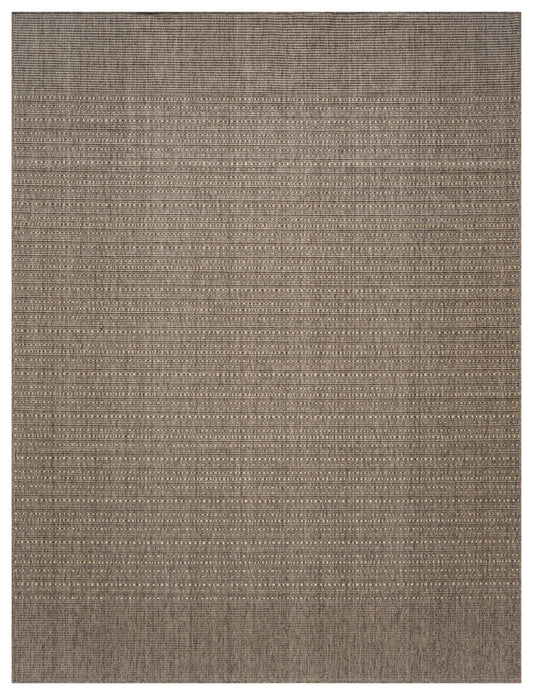 Rectangular brown-toned outdoor woven rug with subtle horizontal stripes and dotted accents; warm neutral decor, 9' x 12'.