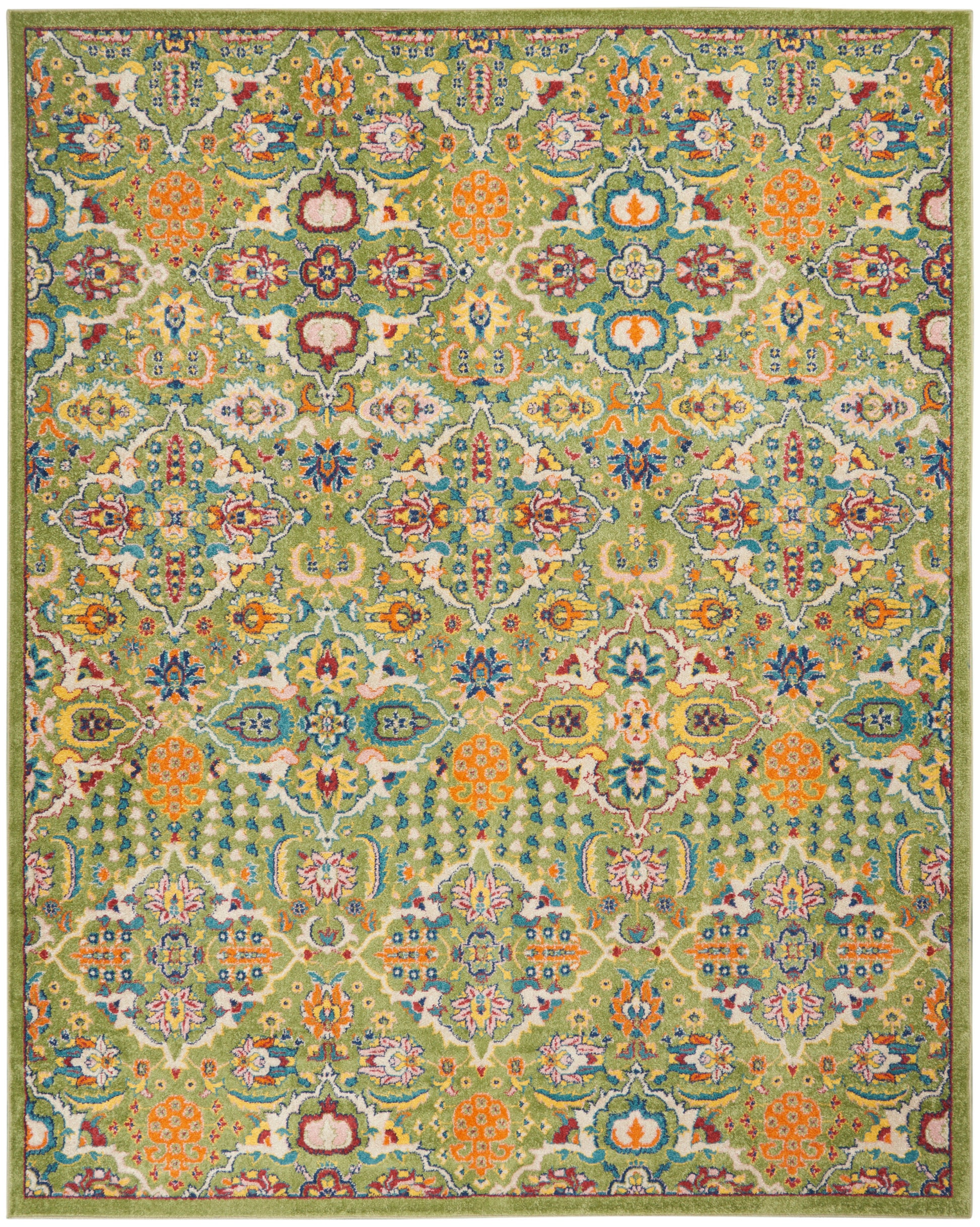 Rectangular green oriental area rug with vibrant multicolor floral motifs and medallions, decorative border, wool blend.