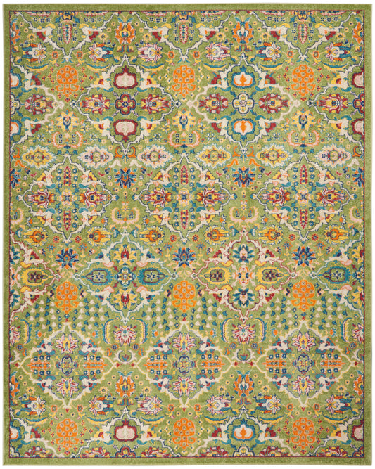 Rectangular green oriental area rug with vibrant multicolor floral motifs and medallions, decorative border, wool blend.