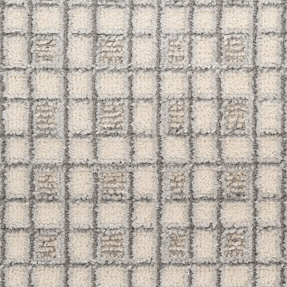 Cream and gray checkered shag rug with square grid pattern and soft loop-pile texture.