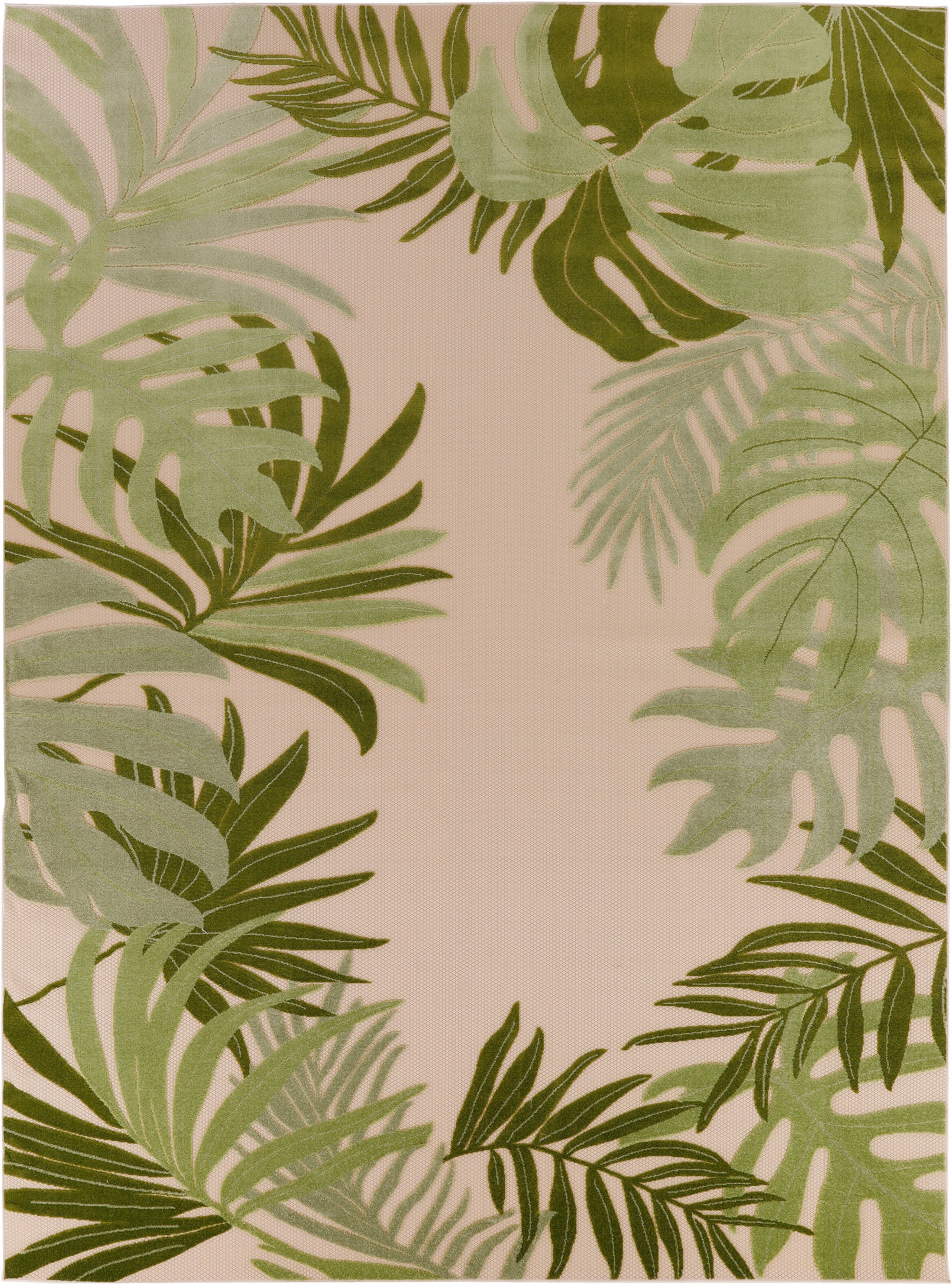 Beige outdoor rug with bold green tropical palm leaf border and botanical design.