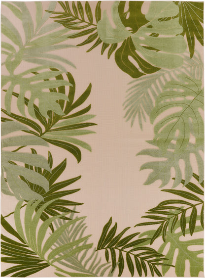 Beige outdoor rug with bold green tropical palm leaf border and botanical design.