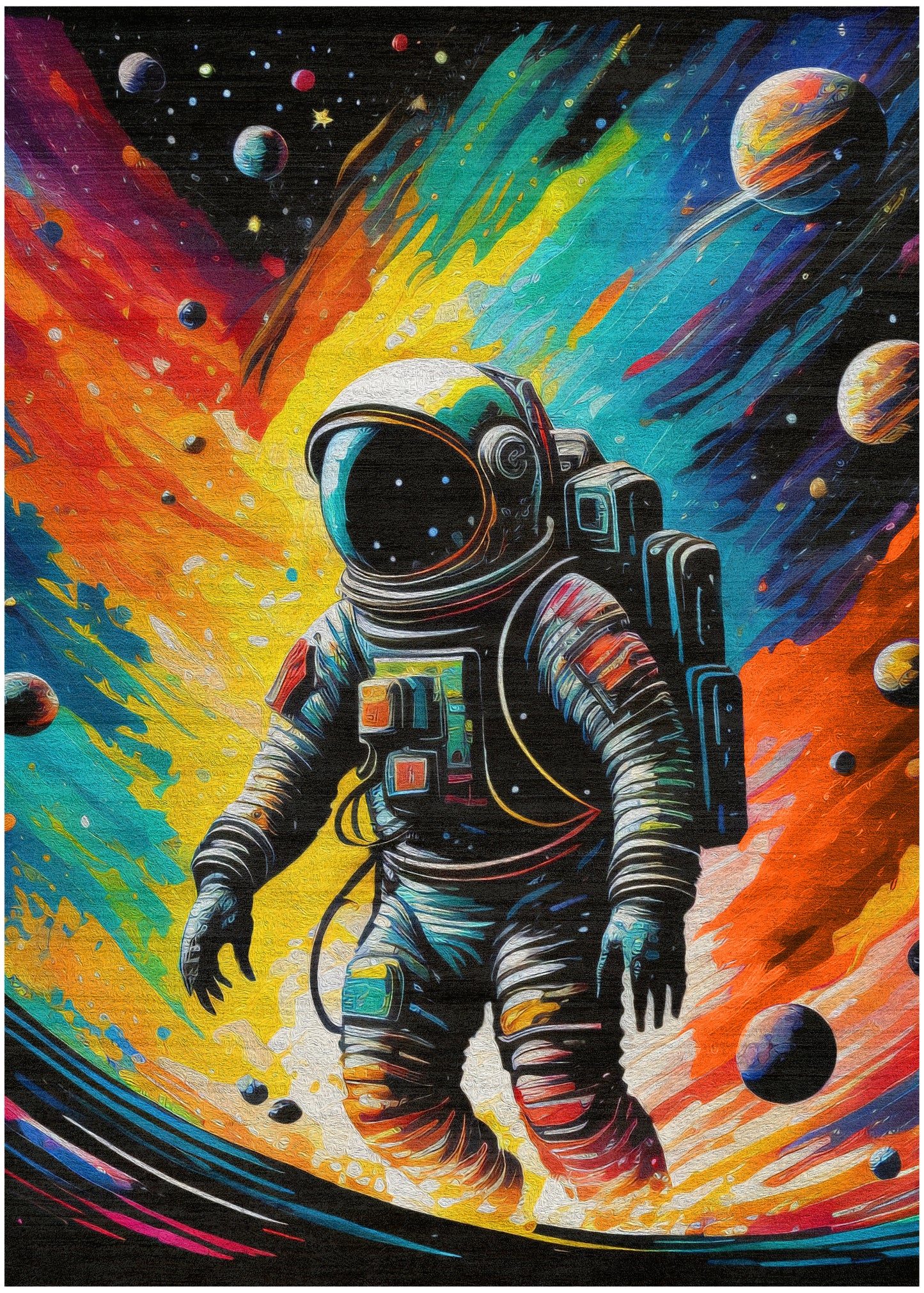 Astronaut in a glossy spacesuit with a reflective visor floats through vibrant rainbow streaks and orbiting planets.