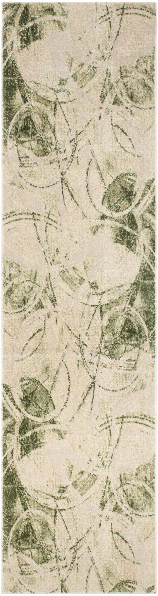 Beige wallpaper featuring a muted green vine with circular leaf motifs; vintage botanical pattern.