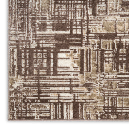 Neutral brown and beige abstract geometric rug with rectangular grid pattern and plush textured pile, size 2' x 4'.